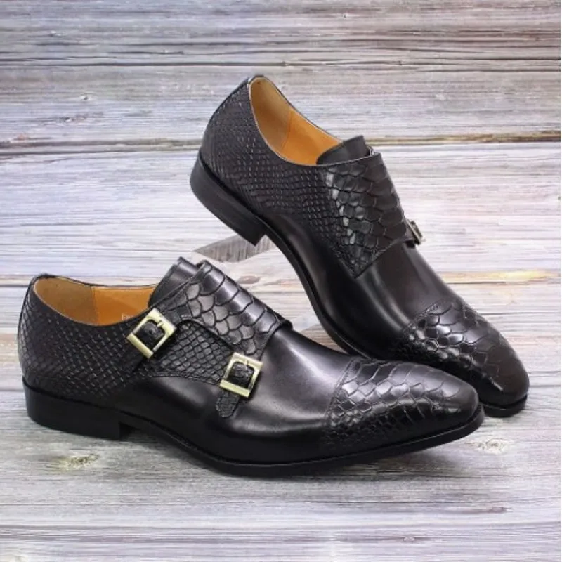 Coffee Black Mens Genuine Leather Oxfords Shoes Fashion Handmade Monk Strap British Style Mens Wedding Dress Shoes