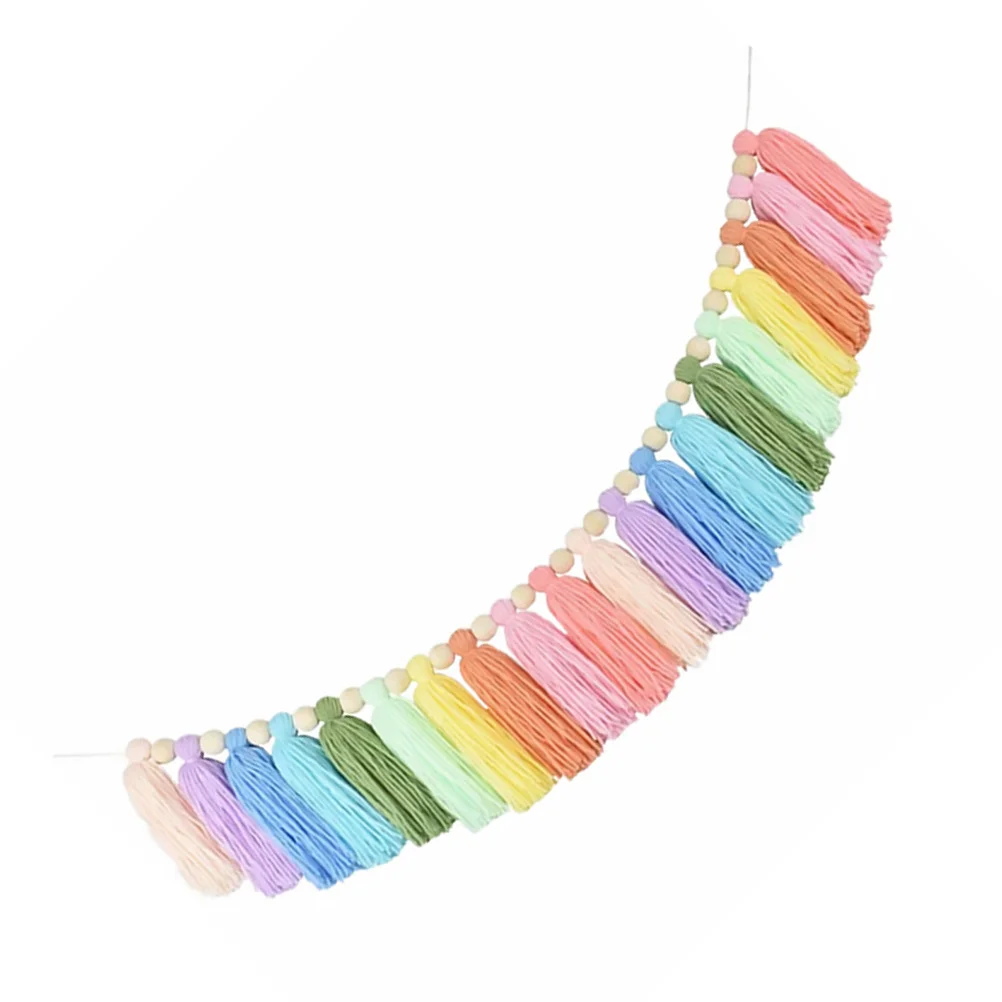 

Cotton Tassel Garland with Wood Bead Wall Hanging Decor for Wedding Home Party Rainbow Pendant Handmade Weaving Tassel
