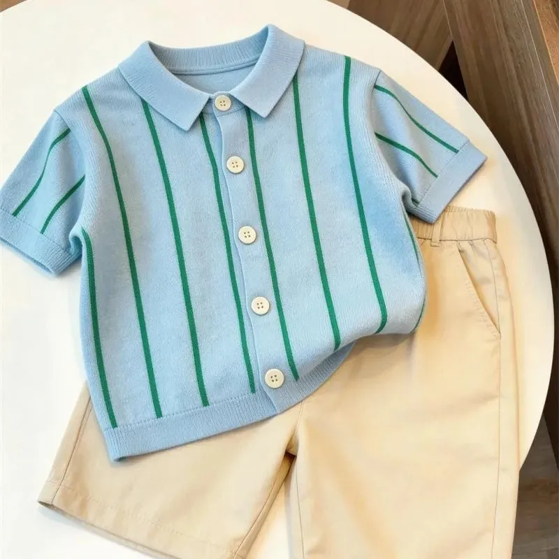 

Children's Summer Set Fashionable New Boys' Thin Striped Ice Silk Collar Top+Shorts 2-piece Set