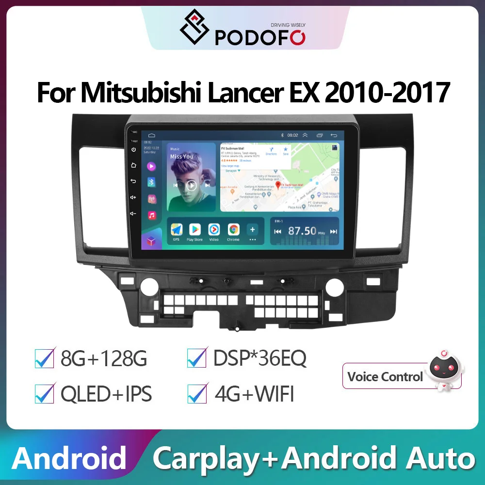 Podofo 4G WiFi 2din Car Radio For Mitsubishi Lancer EX 2010-2017 8+128G Carplay Autoradio Stereo Player HiFi Music Ai Voice