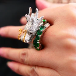 Large Dragon Rings With Square Green Stones for Women Luxury Designer Copper Jewelry