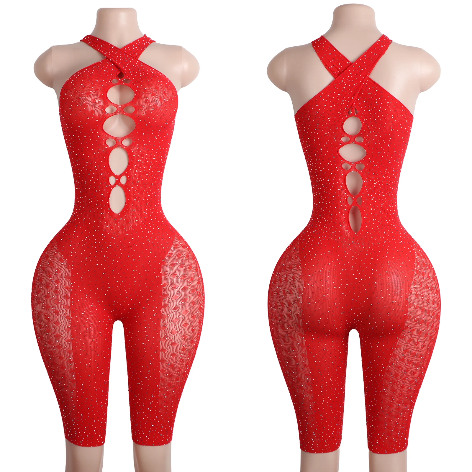 Exotic Dancewear One-Piece Bodysuit Shiny Club Bar Stage Stripper Costume Performance Lingerie Adults Mesh Rhinestone Sexy