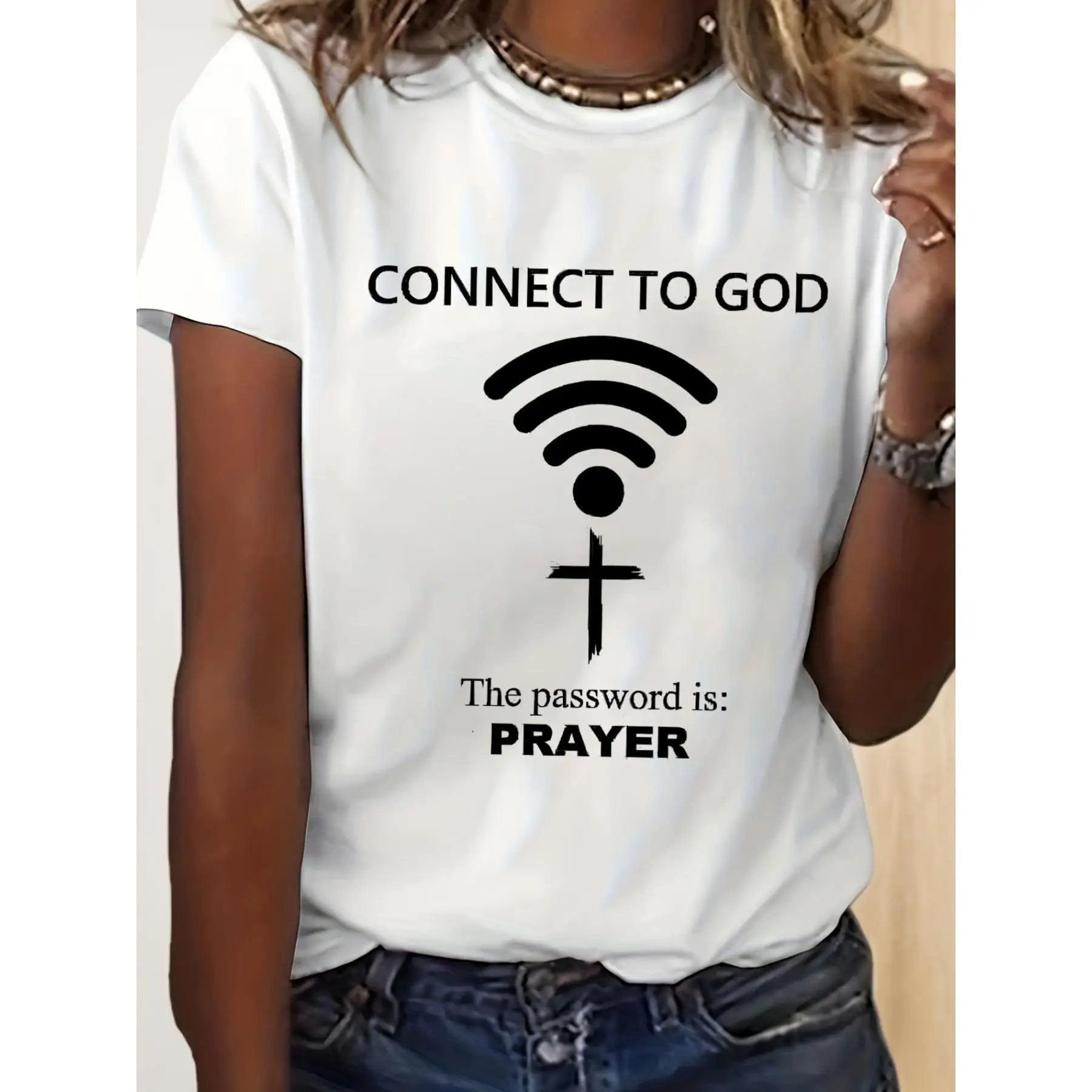 

"Connected To God" Jesus Praying Funny Letters Printed T-Shirt - Women's Short Sleeve Round Neck Casual Tops For Summer And Spri