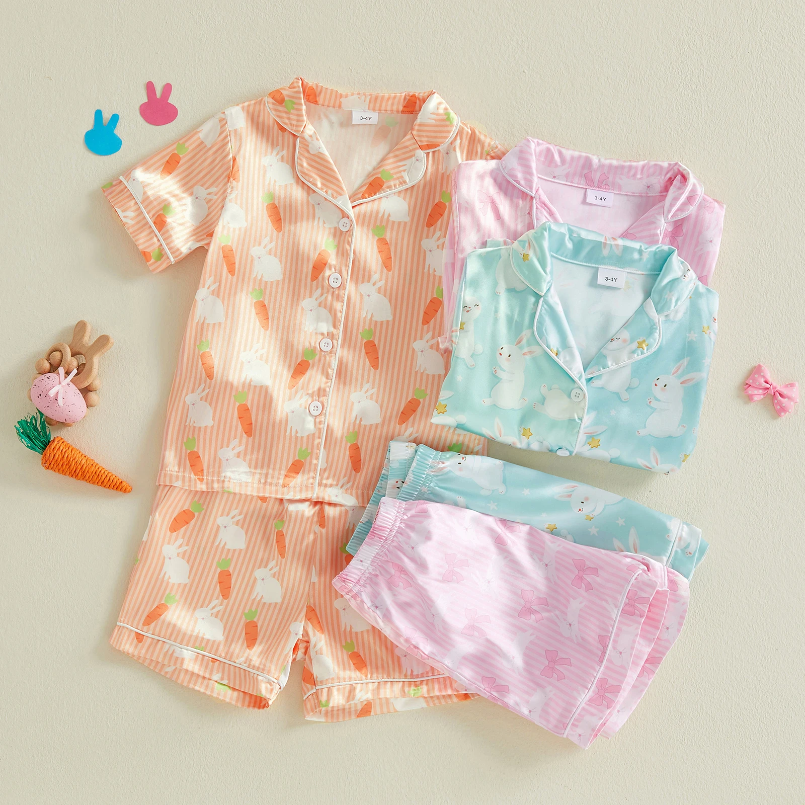 Summer Easter Kids Toddler Boys Girls Satin Pajamas Sets Bunny Carrot Printed Short Sleeve Tops Short Sleepwear Clothes