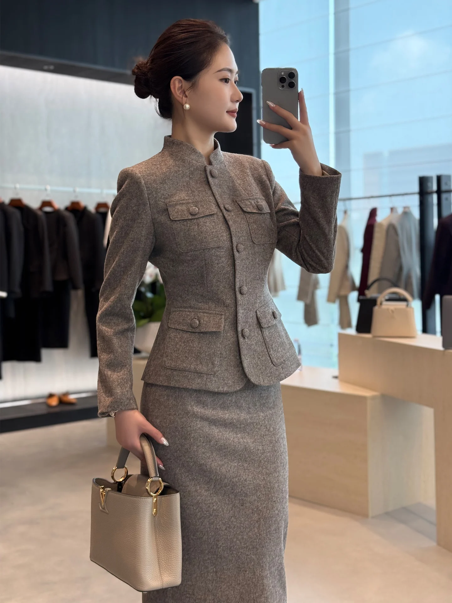 

Ele Luxury oulder Stand Collar Suit Jaet And Skirt Set Autumn 2025 Commute Sle Slim Fit Long Sve Single Button