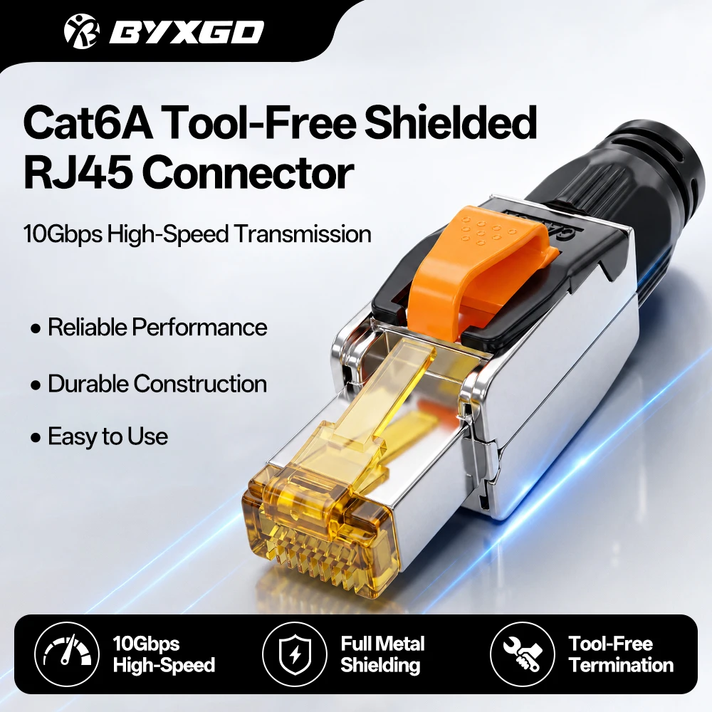 BYXGD CAT6A Tool‑Free Shielded RJ45 Connector 10Gbps 500MHz Reusable STP Ethernet Plug No Crimp Tool for 22‑26AWG Network Cable