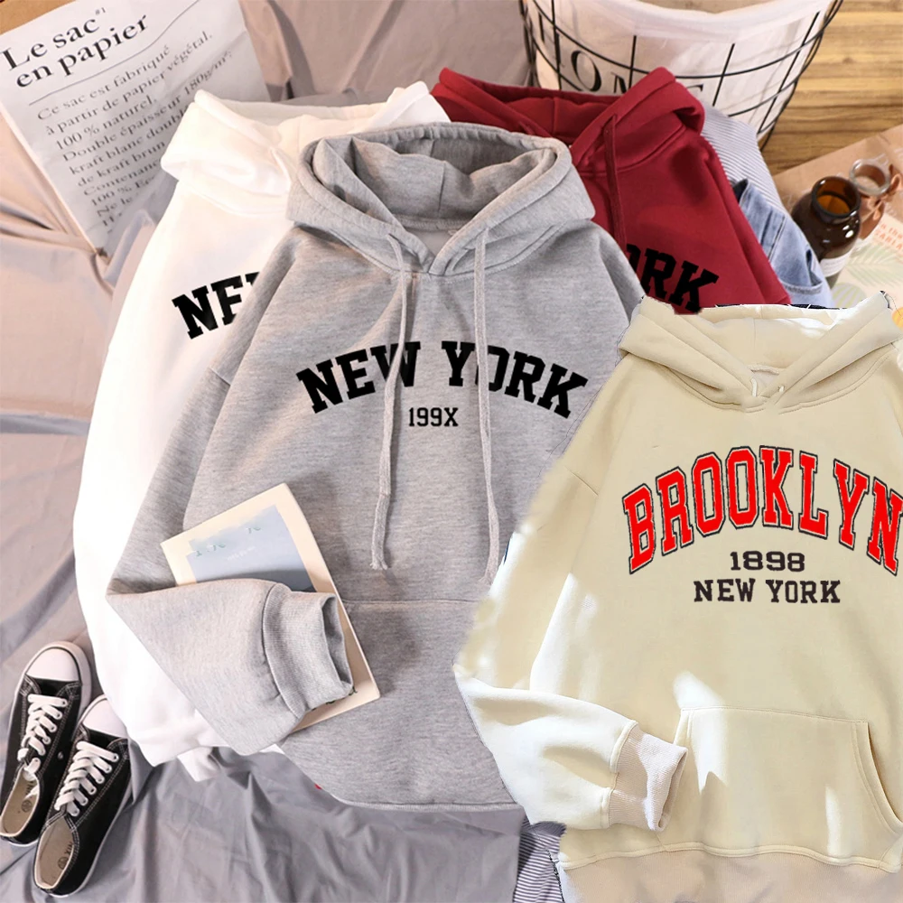 Boston Brooklyn Letter Print Hoodie Women Fashion Coat Oversized New York Hoodies Sweatshirt Female Men Sweats Brooklyn Clothes