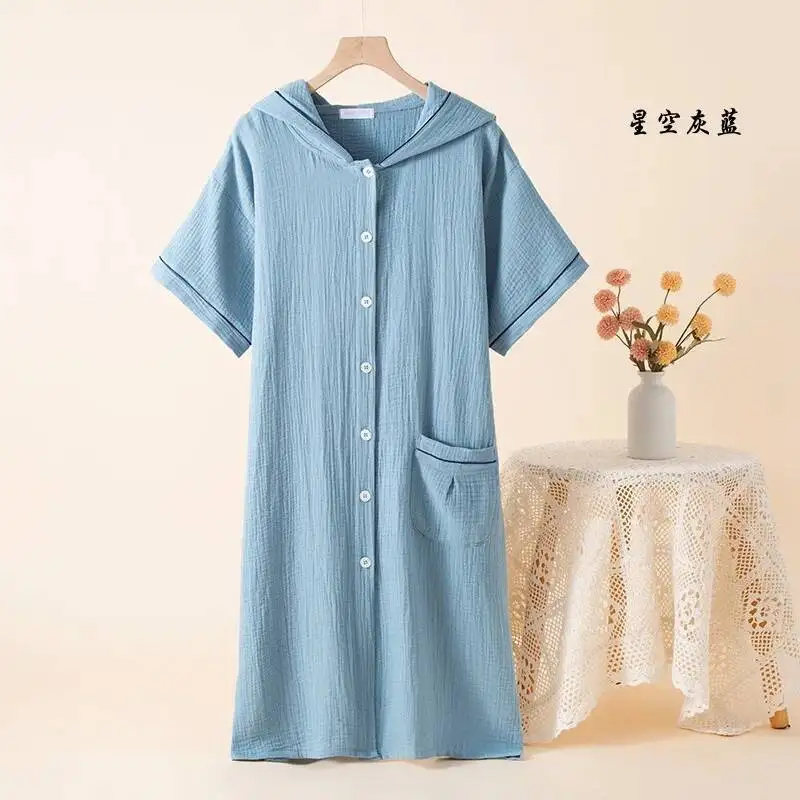 سترة صوفية بغطاء للرأس من القطن للأزواج الصيفية، رداء حمام منزلي بأكمام قصيرة، مقاس كبير، ثوب نوم للنساء