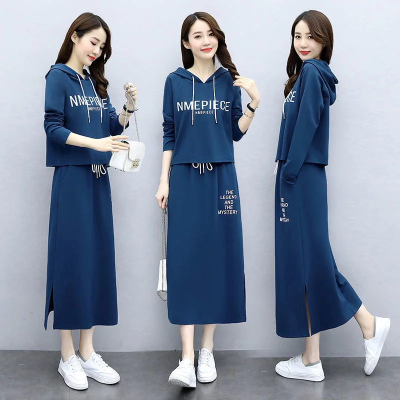 Women's Cute Outfits 2022 Spring Autumn New Fashion Elegant Large Size Long Sleeve Hooded Top And Skirt Two Piece Matching Sets