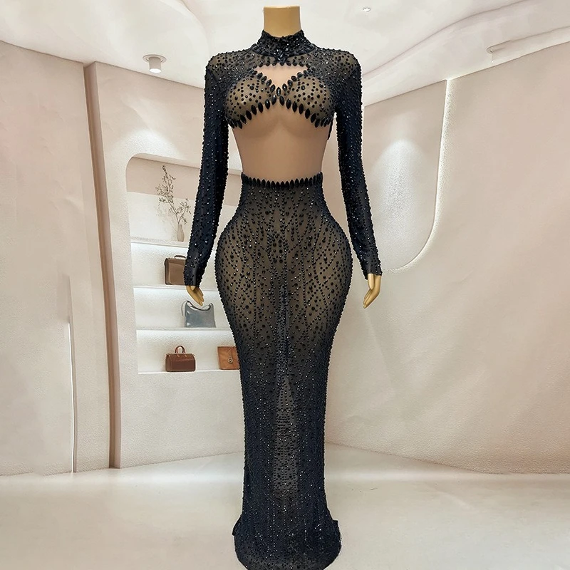 

Heavy Industry Diamond-encrusted Black Temperament Waist Body Sculpting Sexy Evening Dress Company Annual Meeting Evening Dress