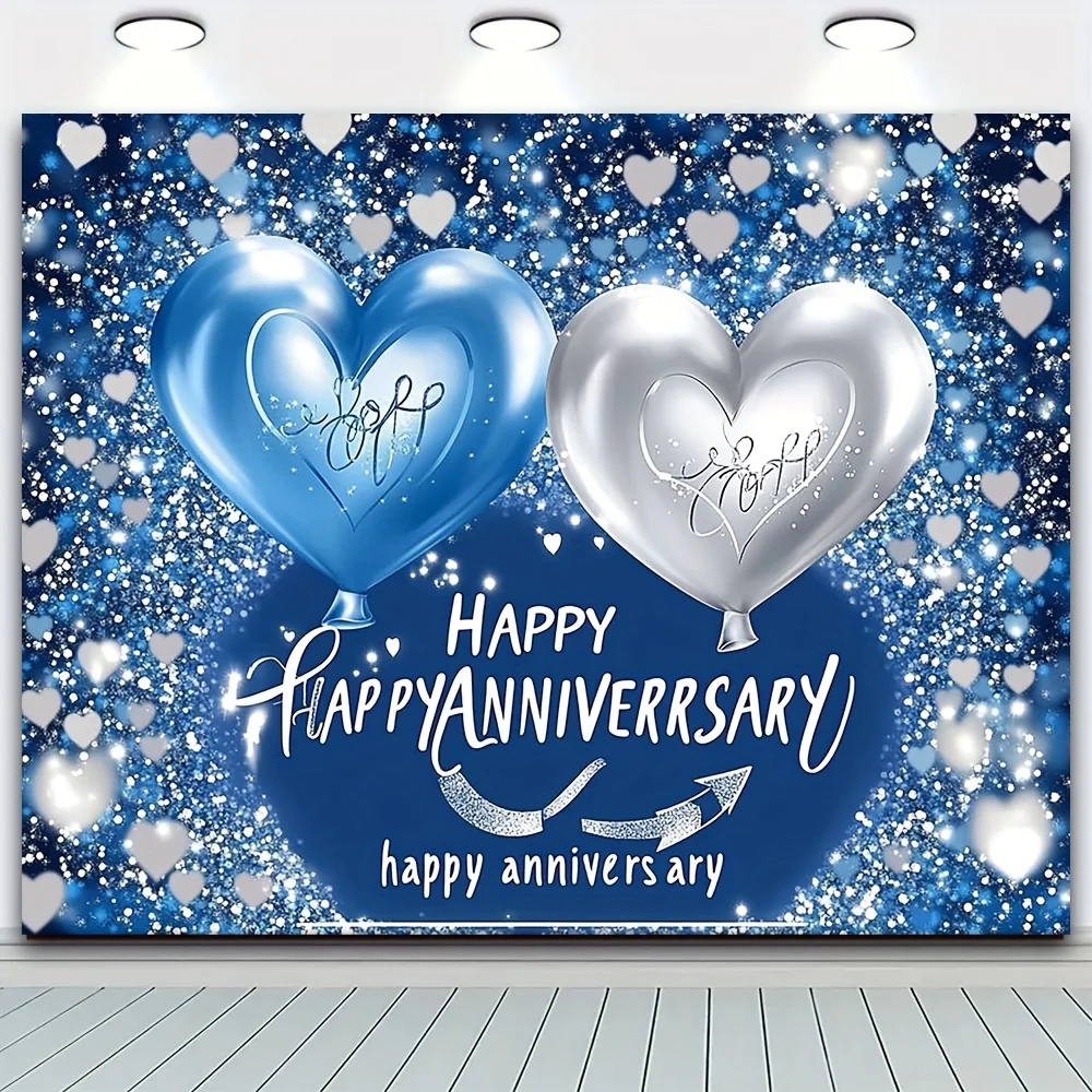 2D Flat 1pc Elegant Blue Love Hearts Happy Anniversary Backdrop Polyester Photo Booth Prop Romantic Couple Theme Decor For Weddi