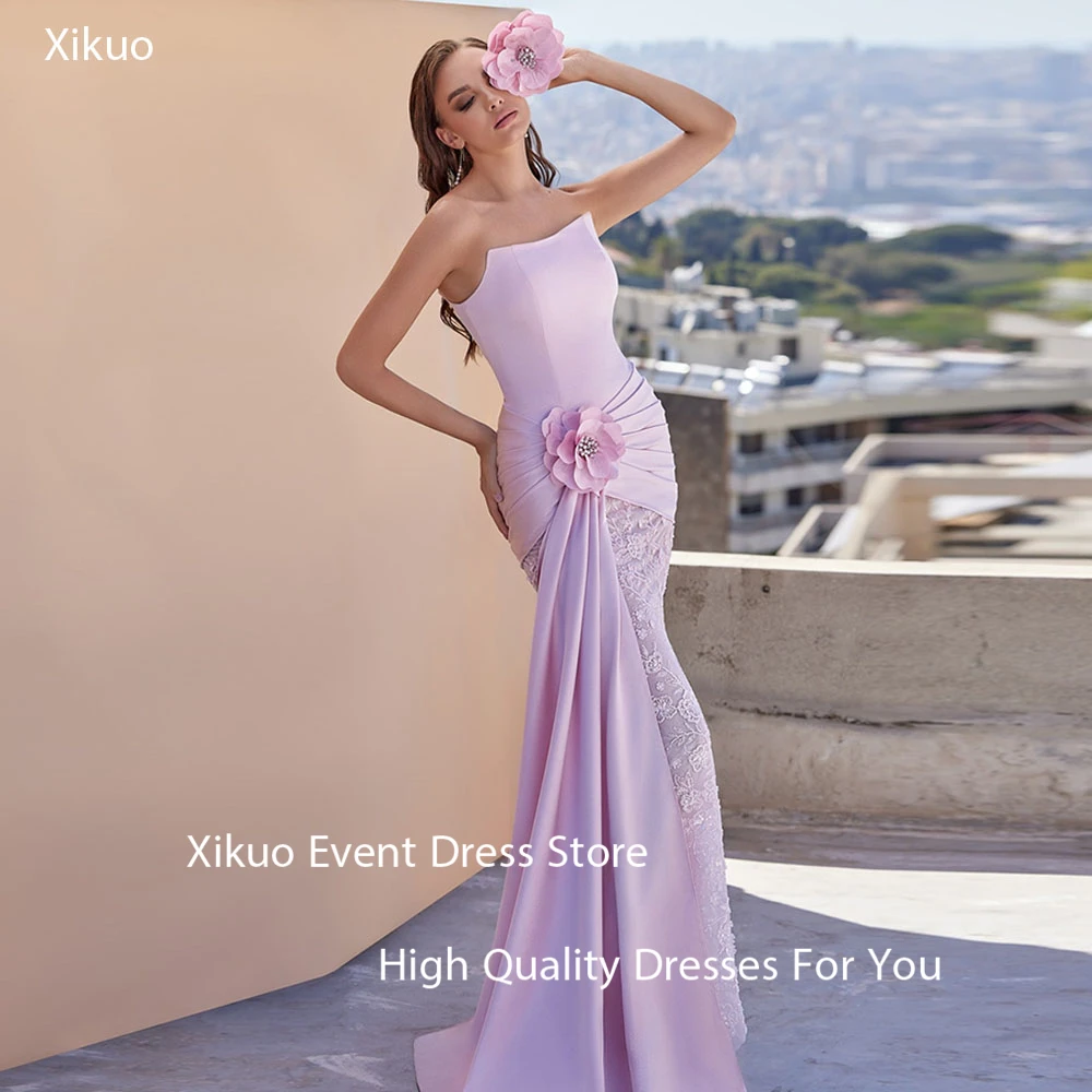 

Xikuo Special Satin Prom Party Gowns Mermaid Strapless Crystal Evening Gowns Pleated 3D Flower Cocatail Evening Dress Customized