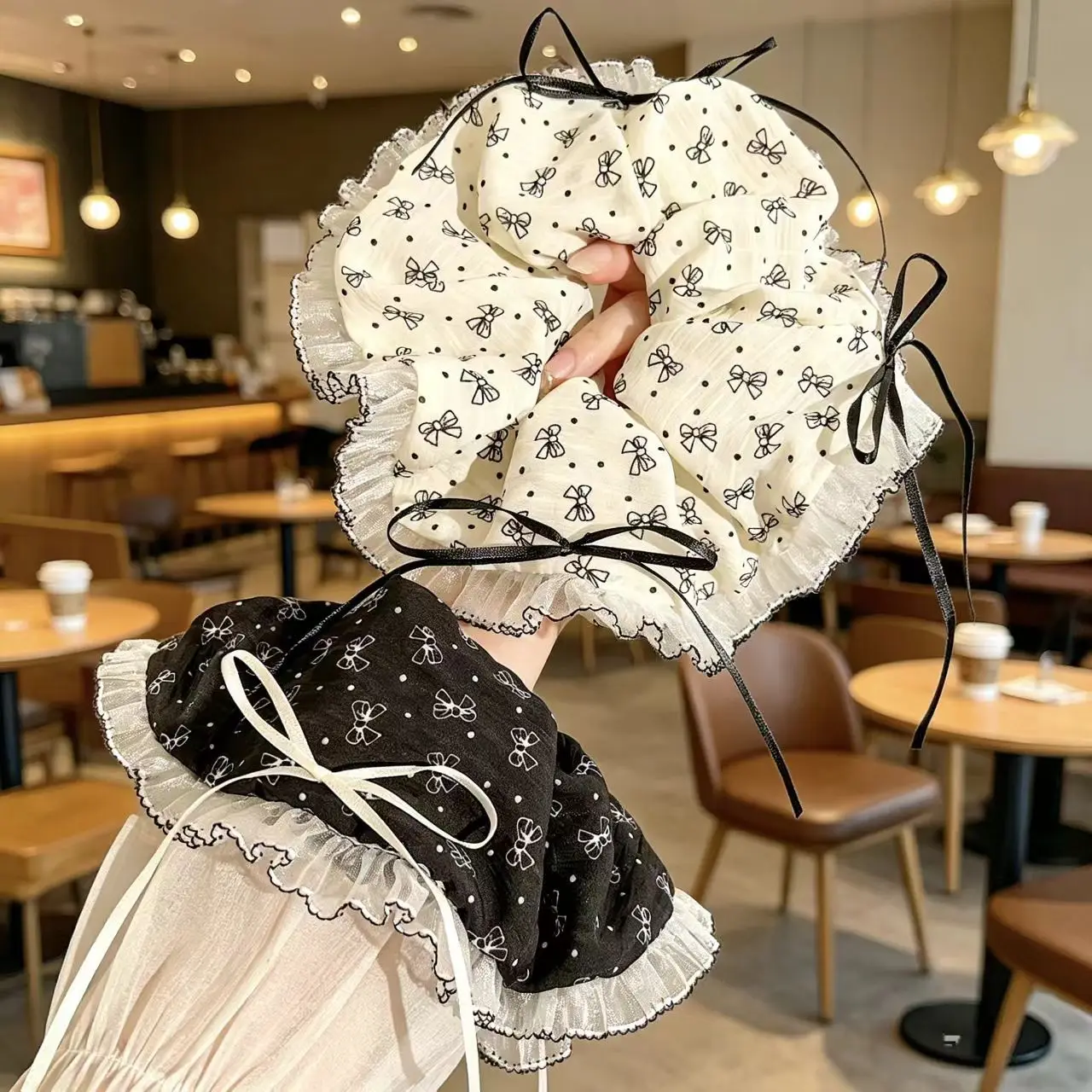 1/2PCS Lace Trim Polka Dot Scrunchie with Bow Sweet Ruffled Hair Tie Ponytail Holder Fashion Women Hair Accessories