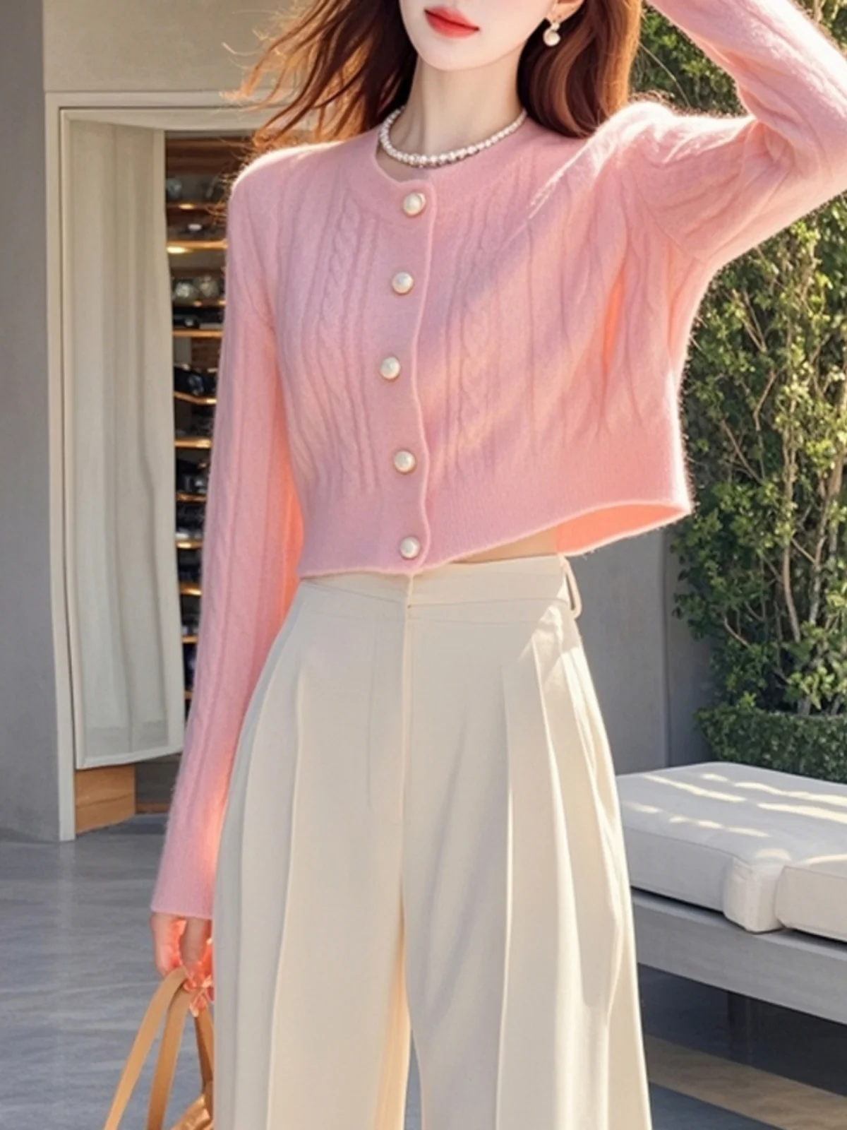 

Потрясающий розовый вязаный комплект: свитер и брюки для женщин, весна-осень, с длинным рукавом, круглым вырезом, модный, элегантный, универсальный, маленький размер