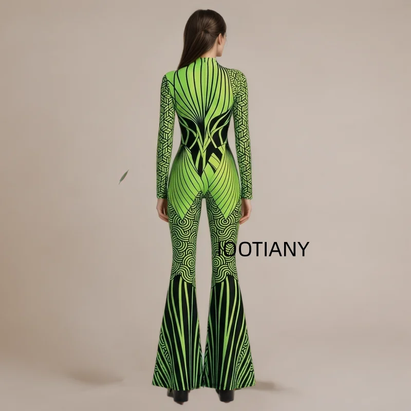 Damen-Jumpsuit mit ausgestellten Schlaghosenbeinen, geometrischem Schmetterlings-Skelett-Muster, figurbetont, Catsuit, Festival-, Rave-, Halloween-Cosplay-Outfit – Detail 4