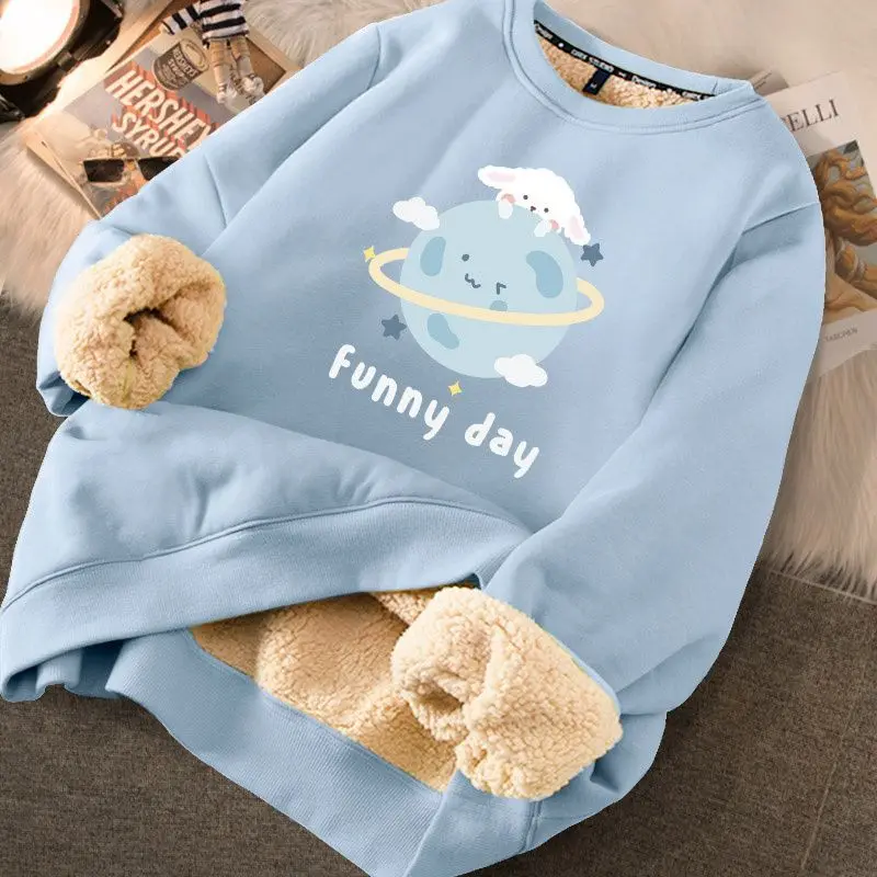 Autumn Winter Women Lambswool Thicken Thermal Sweatshirts Printed Cute Fleece Warm Hoodies Women Casual Loose Sweatshirts