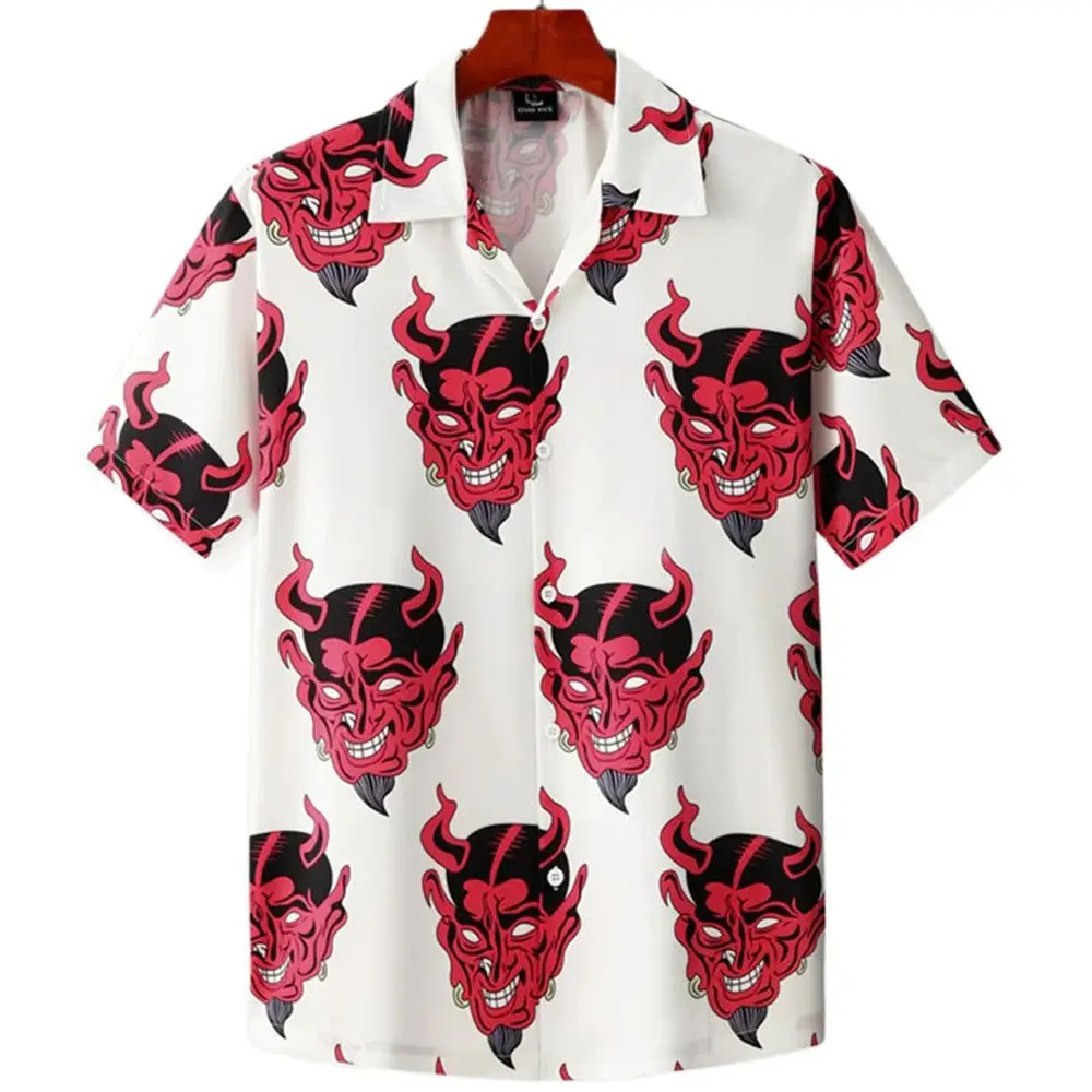 Men\'s Vintage Devil Print Shirt Fashion Single Breasted Short Sleeve Loose Anime Pattern Shirt Men\'s Beach Top