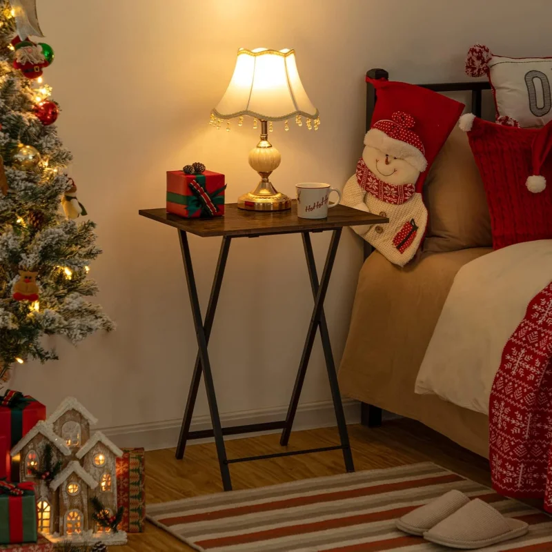 Mesas de TV, conjunto de 2 mesas laterais para espaços pequenos, mesas de lanche industriais para comer no sofá, estrutura de metal estável, fácil montagem.