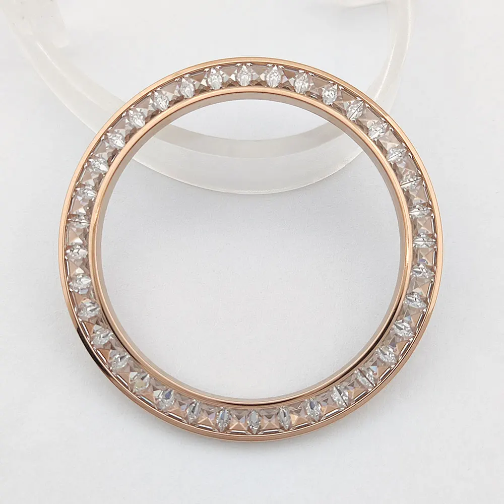 Lunette diamantée de 39,2 mm x 30,8 mm avec incrustation de verre métallique inclinée circulaire de haute qualité adaptée au remplacement du boîtier VK63 watcha ccessor