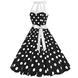 Women's Vintage Polka Dot Summer Dress elegant French retro Party long dresses Lace-up Backless Set Neck Big Swing Puffy Dress