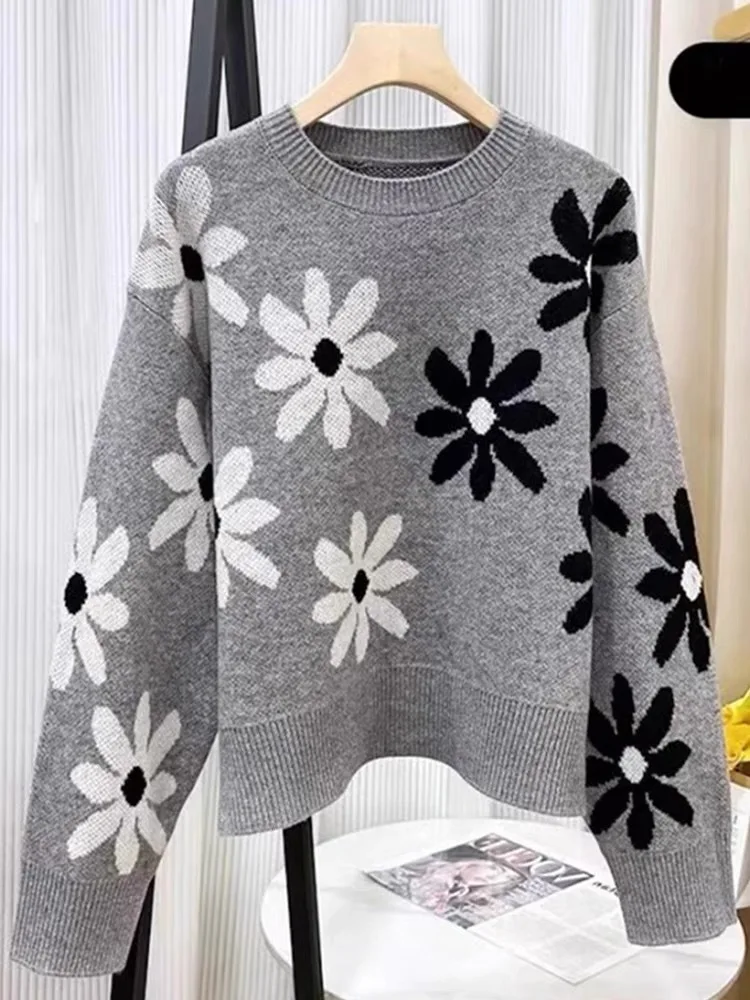 2024 Fall Winter New Floral Knit Women Sweater Pullover Y2K Cashmere O-Neck long sleeve tops women clothing kint outwear