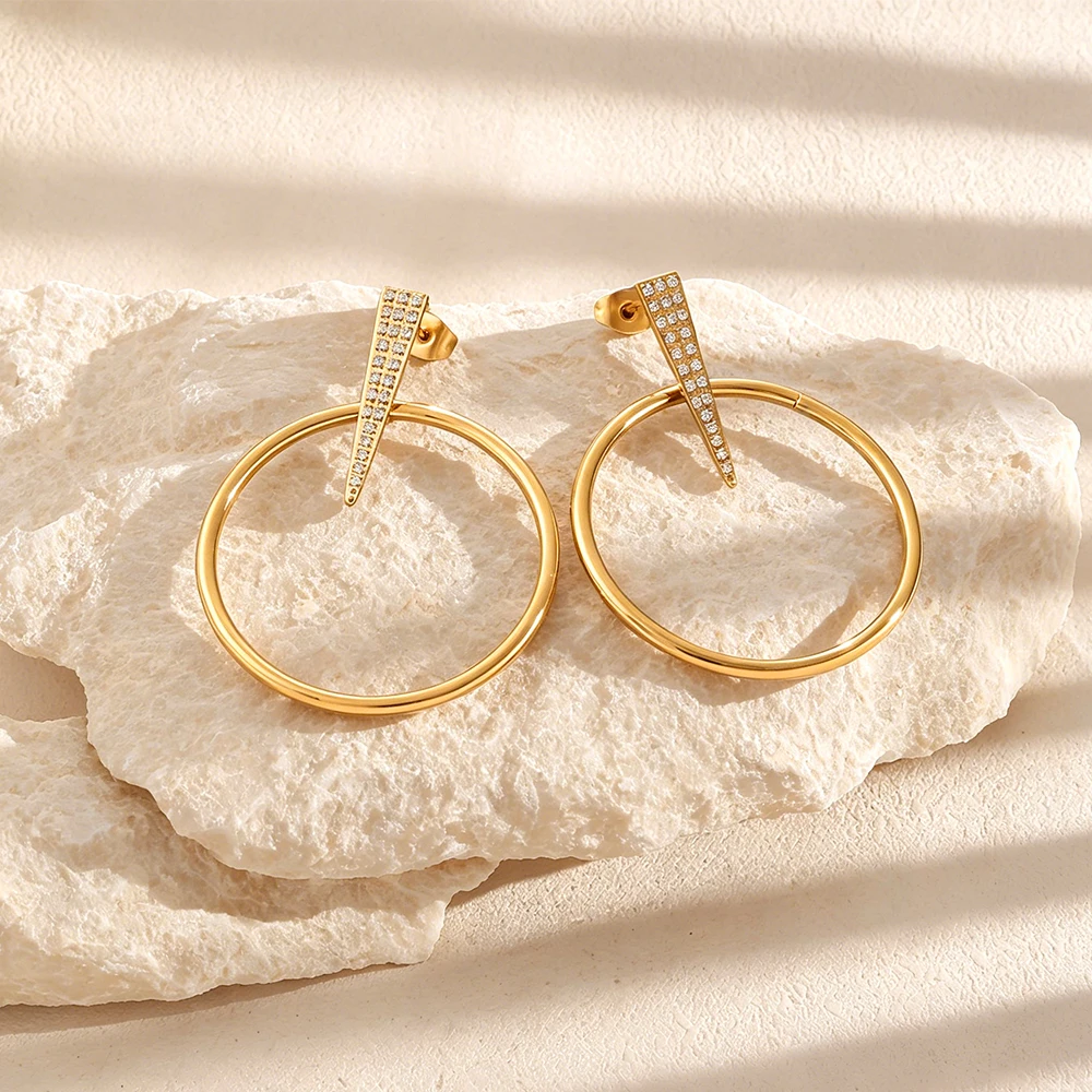 Vintage 18k Gold Circle & Bar Front Hoop Earrings for Woman Drop Earrings For Party Women Jewelry