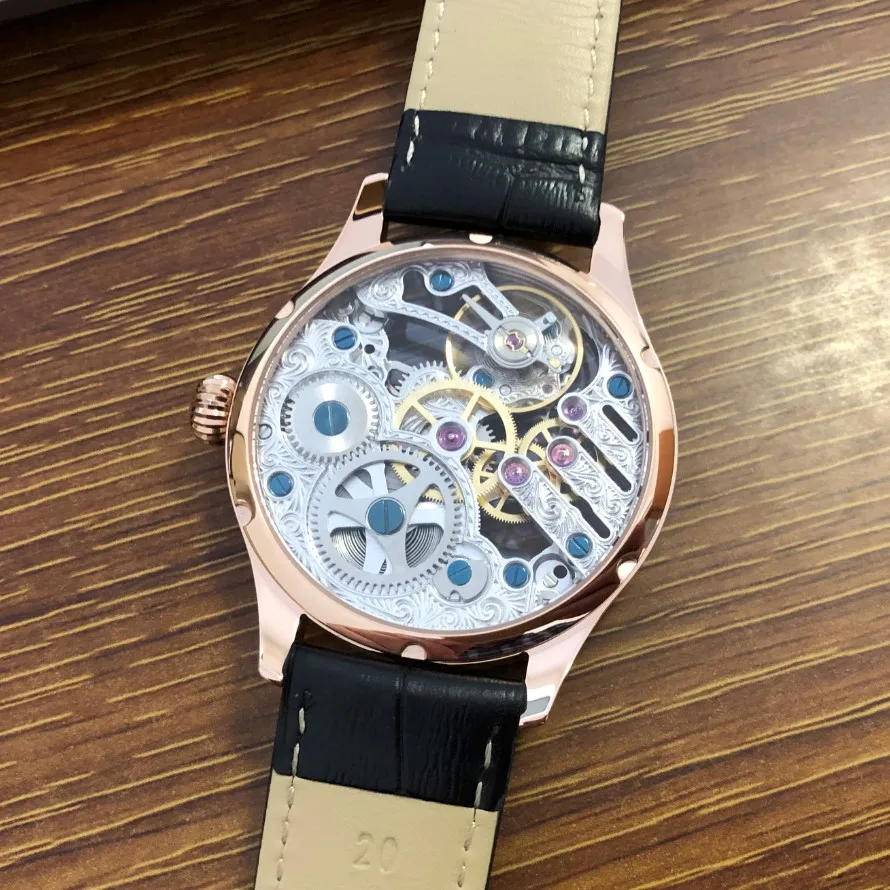 41mm GERRVO No Logo St3600SK scava fuori lo scheletro movimento di avvolgimento manuale 21,600 Dph cassa in oro rosa orologio pilota da uomo