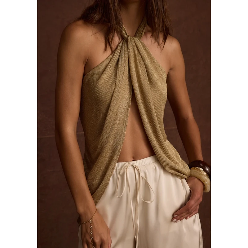Halter Neck Tank Top Women Sleeveless Backless Split Front Slim Y2k Sequined Camisole Sexy Tie Back Vintage Going Out Camis