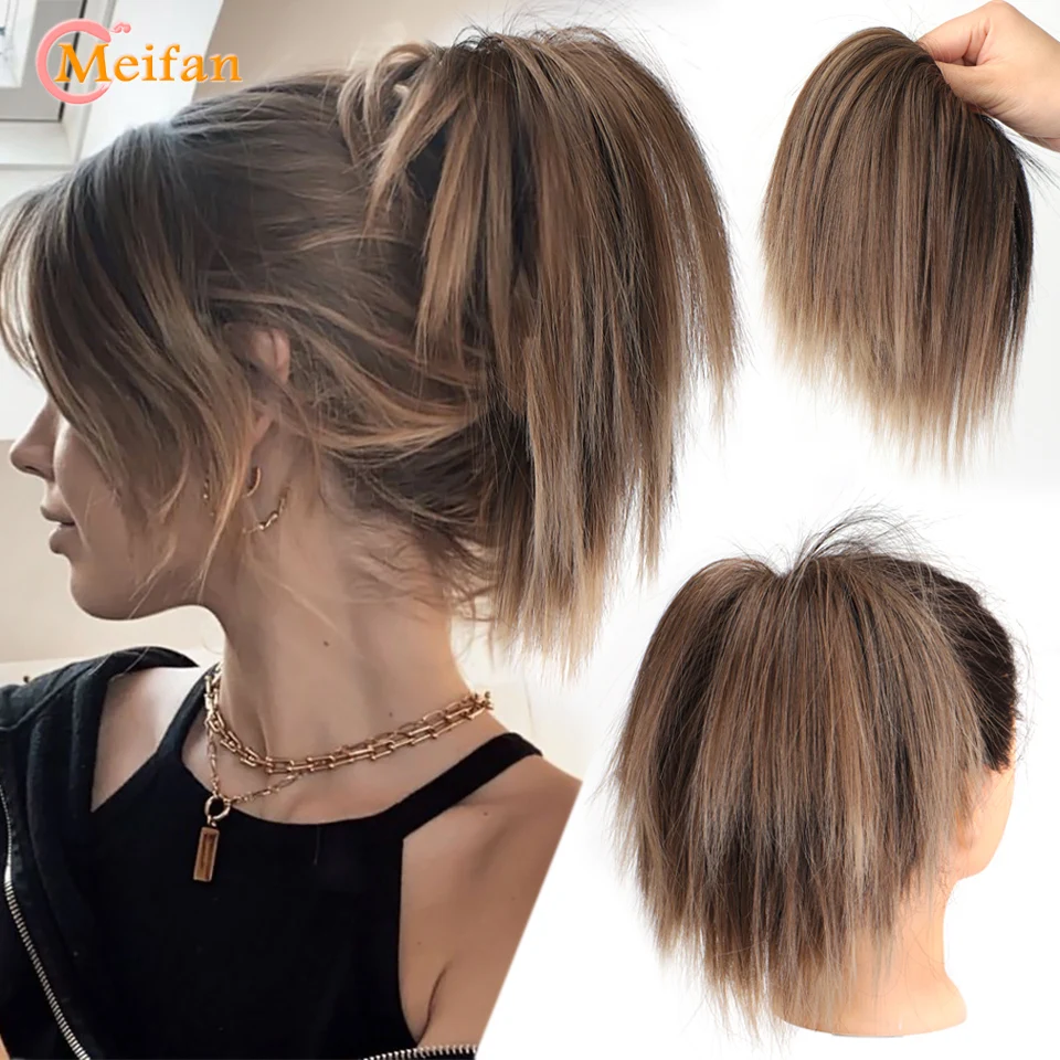 MEIFAN syntetyczny prosty Chignon roztrzepany puszysty kok z włosów gumką kawałki włosów Scrunchy Wrap Updo fałszywy kucyk rozszerzenie