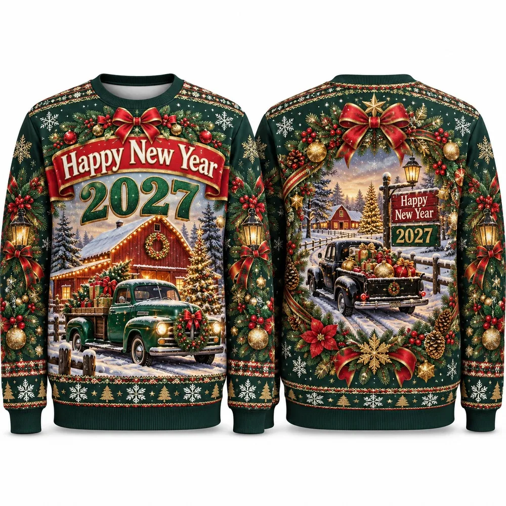 Vintage Truck Christmas Tree Graphic Ugly Christmas Sweater for Happy New Year 2027 Sweaters with Snow and Ribbon Detail