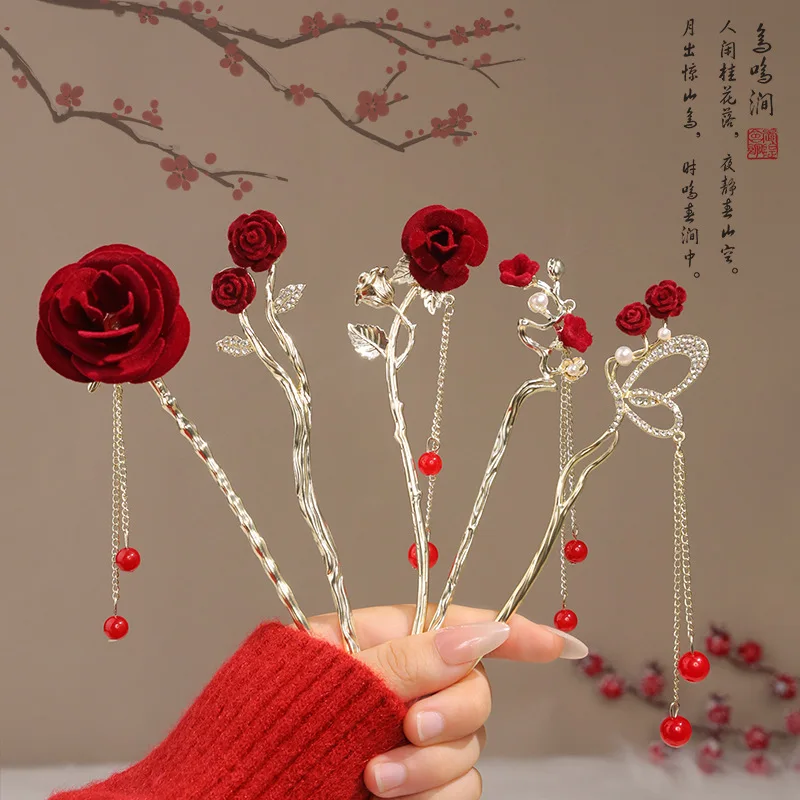Vintage Chinese Style Rose Hairpin For Women Red Flower Element Tassel Hair Stick Elegant Exquisite Handmade Hair Accessories image 3