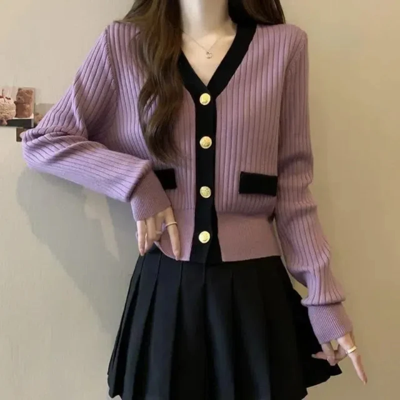 2024 Autumn/Winter Korean Sweet and Fresh Knitted Shirt Cardigan Long Sleeve V-neck Solid Color Spliced Button Women\'s Coat Top