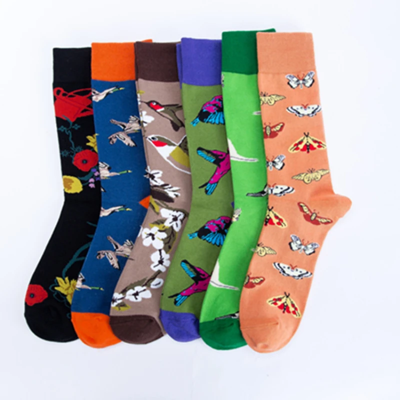 Chaussettes en coton Harajuku pour hommes et femmes, dessin animé, papillon, oiseaux, fleurs, décontracté, couple, nouveauté, mode