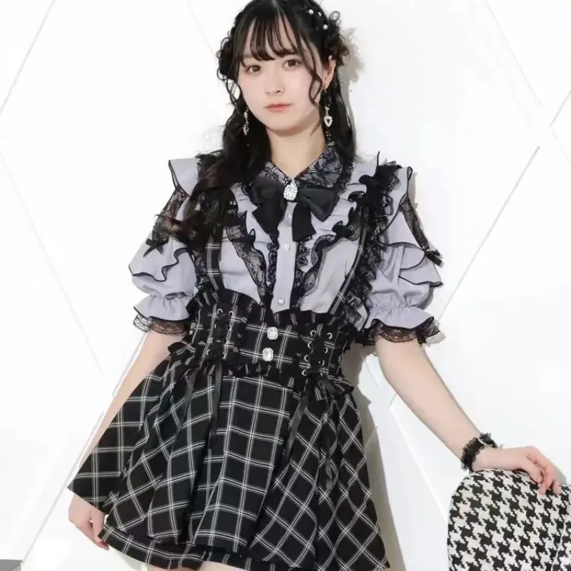 Nowa bluzka damska w stylu Y2K, urocza, japońska kokarda, koronka, falbanki, odkryte ramiona, elegancka, rękaw 3/4, słodkie topy, codzienne koszule estetyczne.