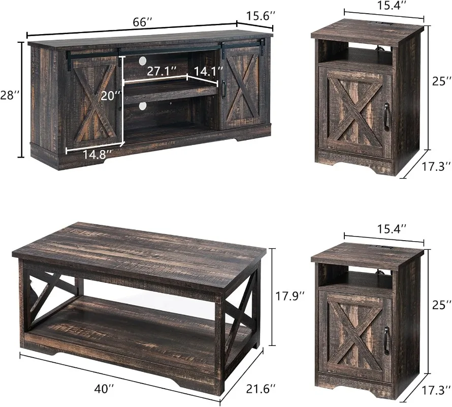 AMERLIFE 4-Piece Farmhouse Table Set Includes Sliding Barn Door TV Stand, Coffee Table& Two End Tables, Side Table with Charging