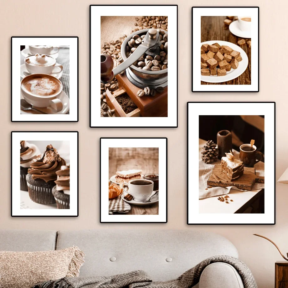 Cuadro sobre lienzo con diseño de café, chocolate y granos de café, carteles nórdicos e impresiones, imágenes de pared para decoración de tiendas de pasteles y postres