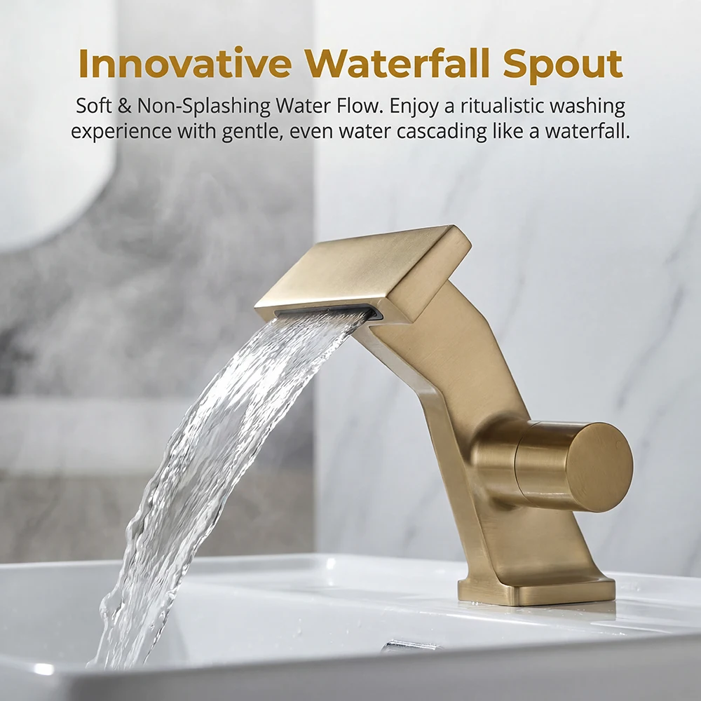 

Brushed Gold Bathroom Faucet, Solid Brass Modern Single Handle Waterfall Spout Vessel Sink Faucet, Deck Mount Hot Cold Mixer Tap