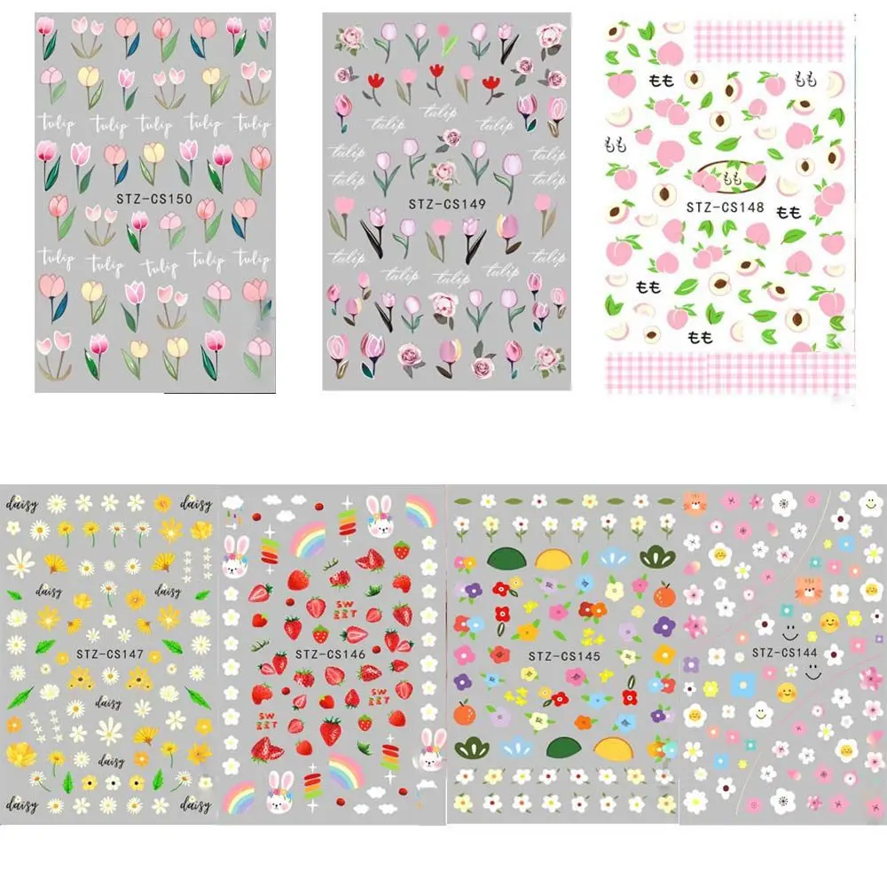 Self Adhesive Peach Summer Theme Tulip Flower Manicure Floral Nails Decals 3D Nail Sticker Nail Decoration Fruit Nail Foils