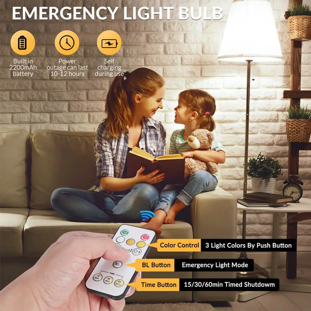 2200mAh USB Rechargeable Light Bulb with Remote Control 7W E27 Touch Control Dimmable LED Bulb Emergency lights Warm White Light