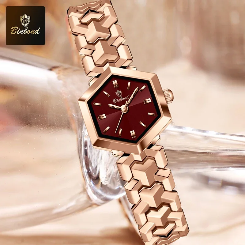 BINBOND ساعة كوارتز نسائية أنيقة موضة المعين مرآة مقاوم للماء ساعة اليد مضيئة الماس الهاتفي الساعات الأصلية للسيدات #4