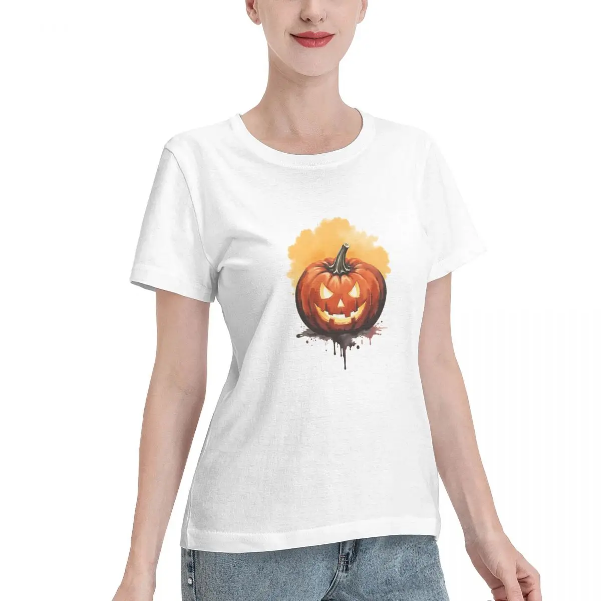 Halloween T Shirt Womens High Quality Combed Cotton Watercolor ArtDeco Pumpkin Spooky Orange Glow Design Ladies Fitted T Shirt