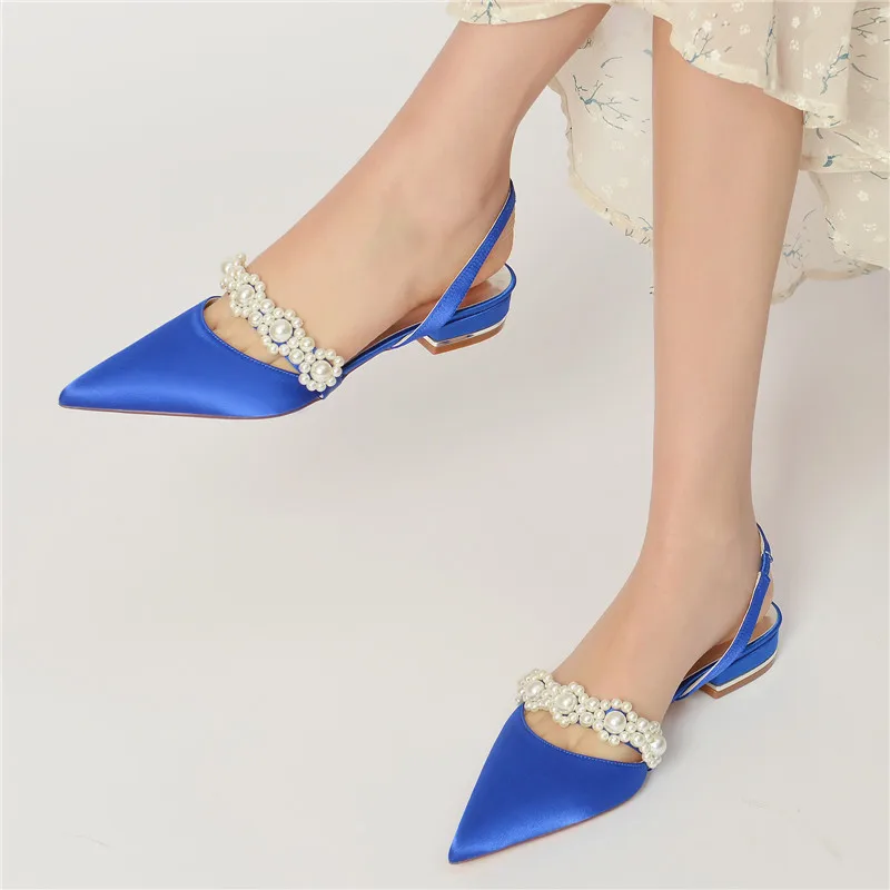 Satin Pearl Wedding Flats Shoes for Bride Pointed Toe Ankle Buckle Strap Prom Evening Formal Party Flat Slingbacks Women