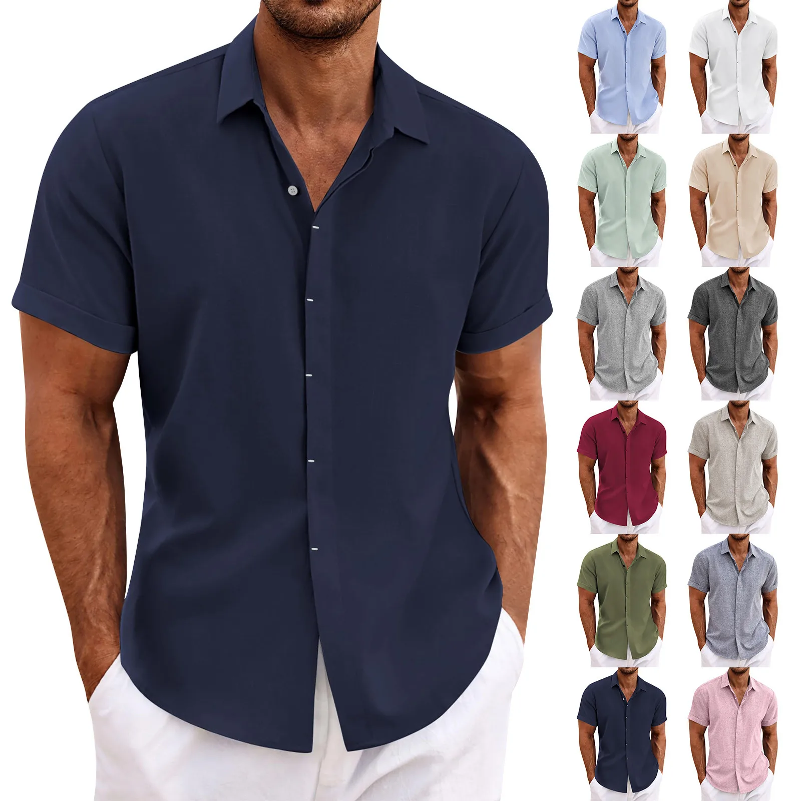 Men'S Fashion Casual Solid Color Shirt Pullover Button Linen Short-Sleeved T-Shirt Loose Sweatshirt Basic Top Summer Shirt