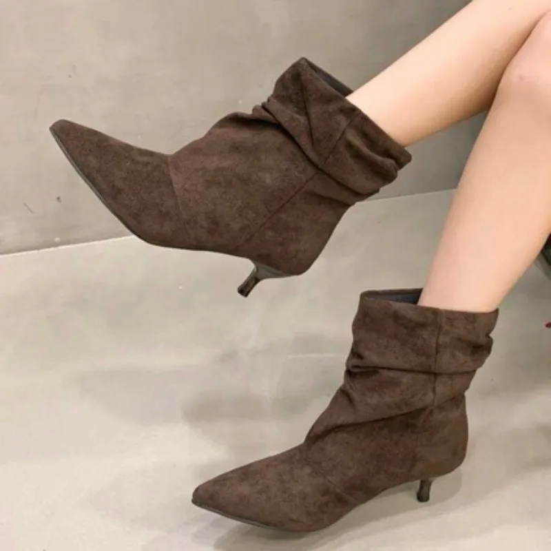 Brown Retro Elegant Designer Ankle Boots Women Fashion Pleated Suede Autumn Winter Kitten Heels Party Prom Chelsea Shoes
