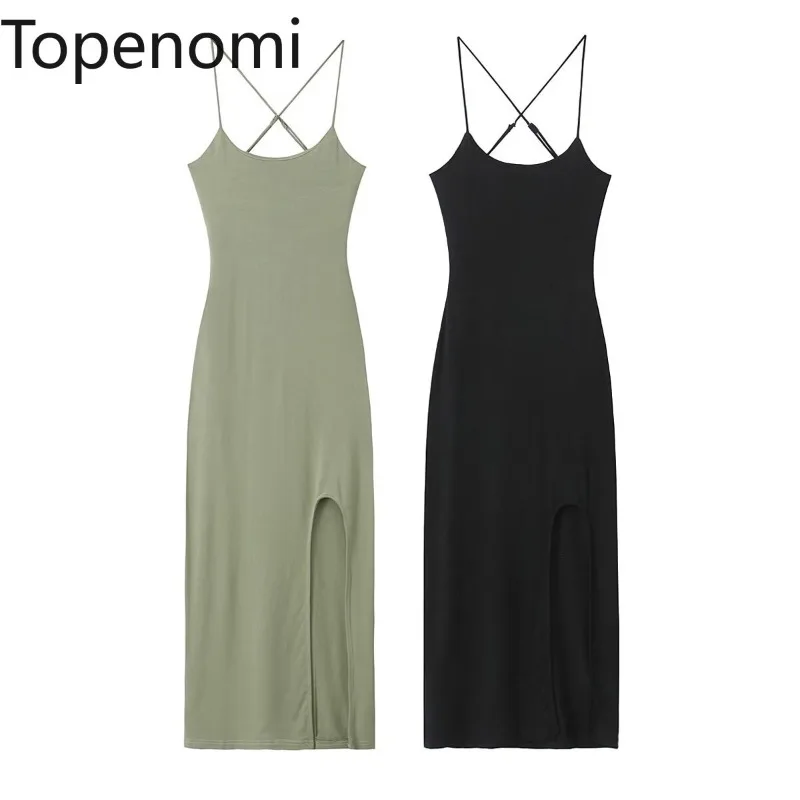 

Topenomi Sexy Spaghetti Strap Evening Dresses Women Summer Simple Solid Slim Fit Split Sleeveless Long Dress Backless Party Robe