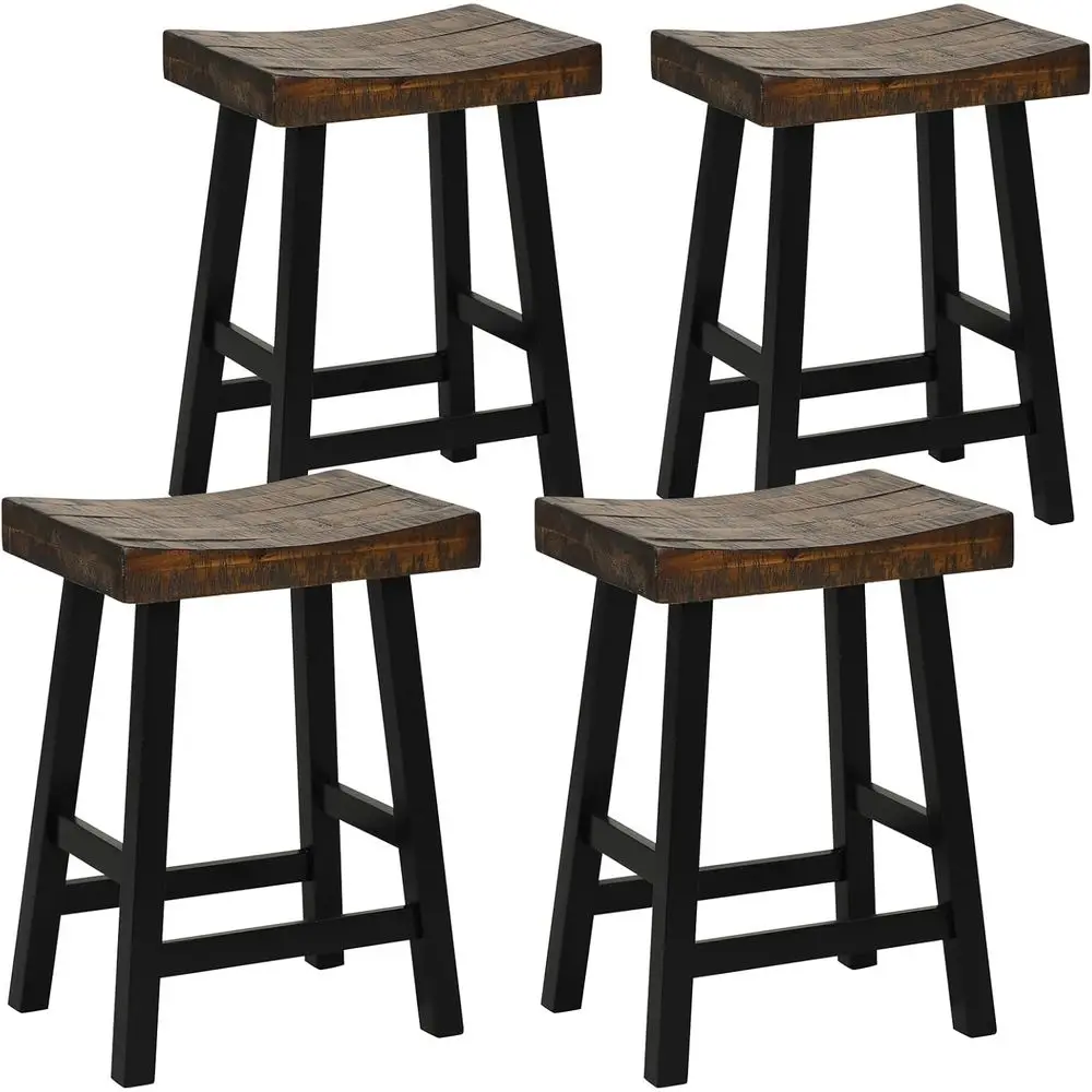 

Set of 4 24 High Bar Stools, Curved Seat, Rubberwood & Acacia, Brown/Black, Kitchen Island or Restaurant Use