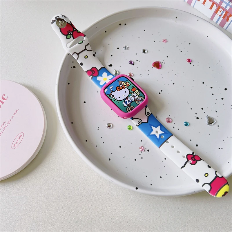 Kawaii Hello Kitty Anti-drop Silicone Watch Strap with Case for Apple Watch Ultra 2 S4 5 6 7 8 9 SE Sanrio Protective Watch Band