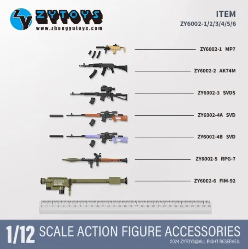 

ZYTOYS ZY6002 1/12 Soldier AK74M SVDS SVD RPG-7 FIM-92 Gun 5pcs/Set Plastics Model Toy Fit 6'' Action Figures In Stock