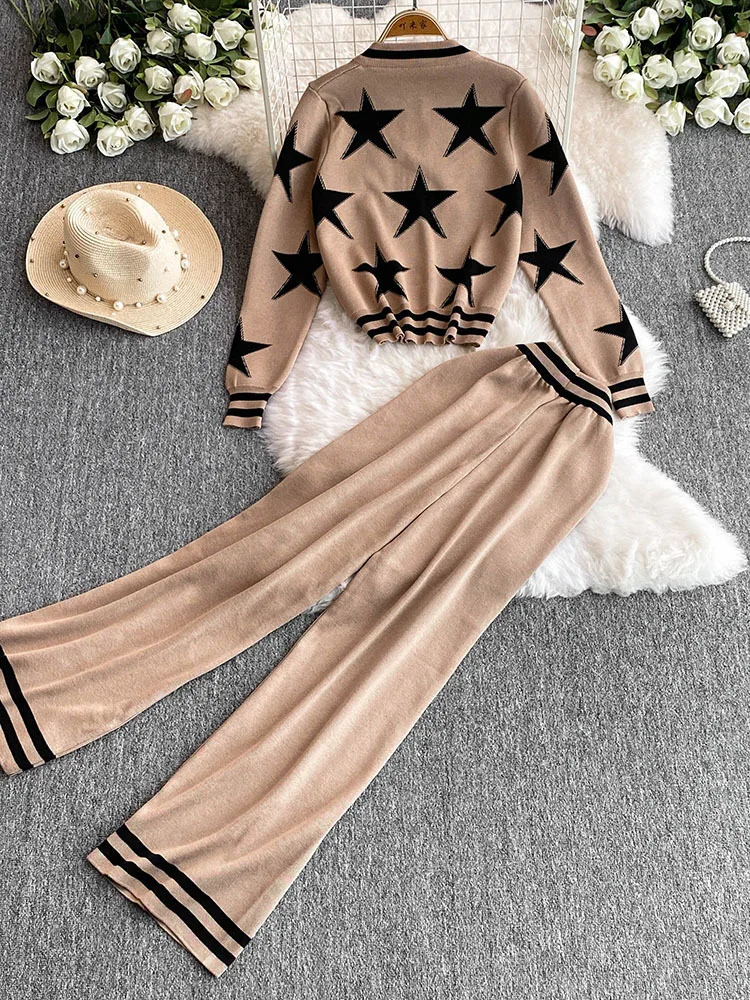 Chic Fashion Korean 2PC Suits Ladies O-Neck Print Star Knitting Cardigan+High Waist Wide Legs Pants Basic Casual Sets