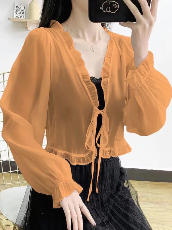 Summer Thin Shawl Outerwear Women's Fairy Long Sleeve Blouse Cover up Chiffon Top with Strap Short Coat Casual Loose Fit